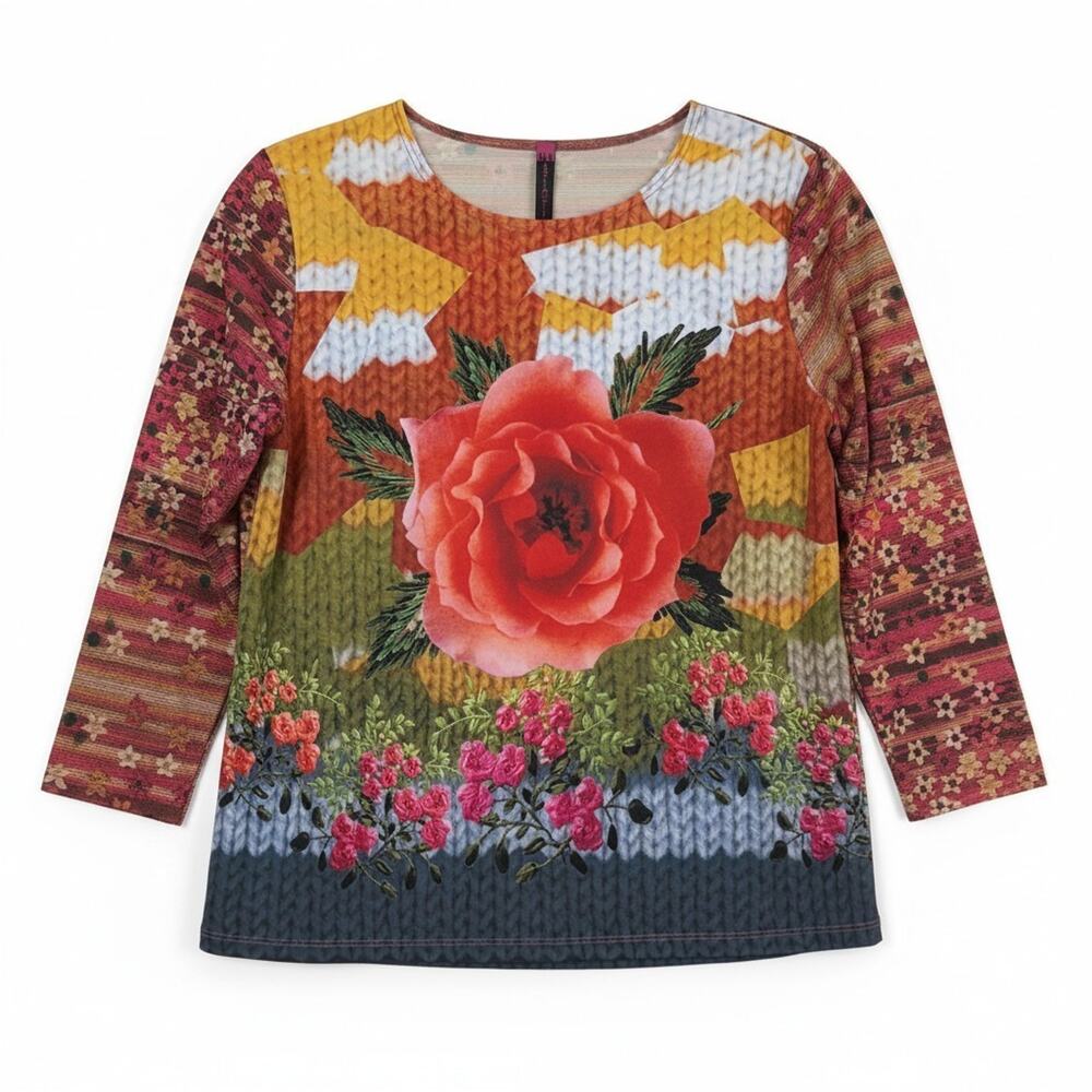 NU CONSTRUCTION FLORAL MOTIF TOP 3/4 SLEEVE ART TO WEAR BLOUSE WOMENS XS SMALL - Picture 2 of 8
